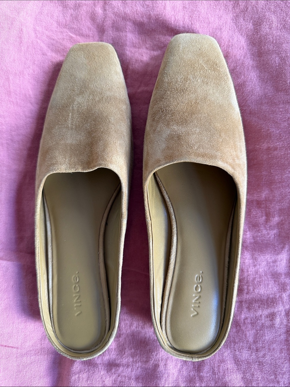 Vince Suede Square-Toe Slip-On Flats in Tan